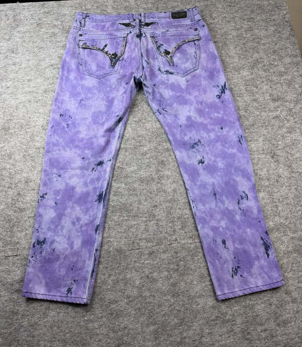 Robin's Jean Long Flap Jeans Purple Tie Dye Crystals Men’s Size 38 X 31 - Picture 10 of 10